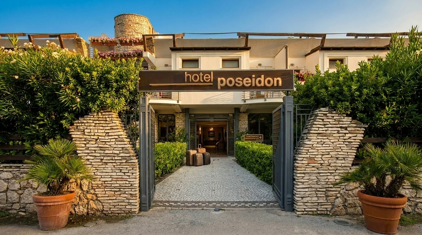 Vibrant pink flowers blooming on the white balconies of Hotel Poseidon.