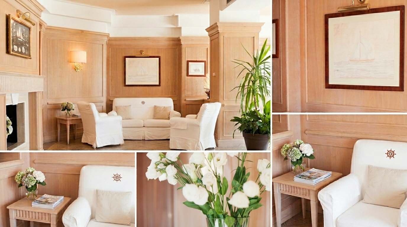 Sophisticated lobby interior with ship-inspired design elements.