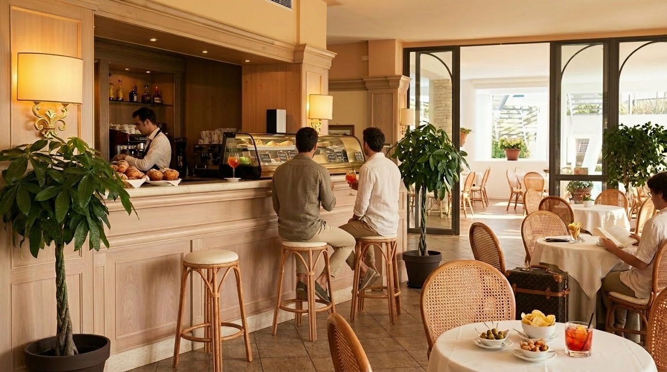 Chic modern lounge area at Hotel Poseidon with nautical design.