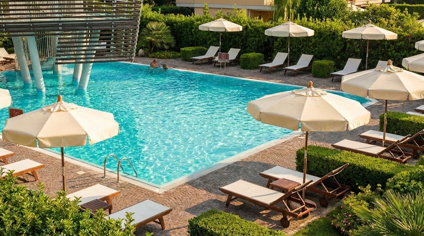 Close-up of the crystal clear Hotel Poseidon swimming pool.