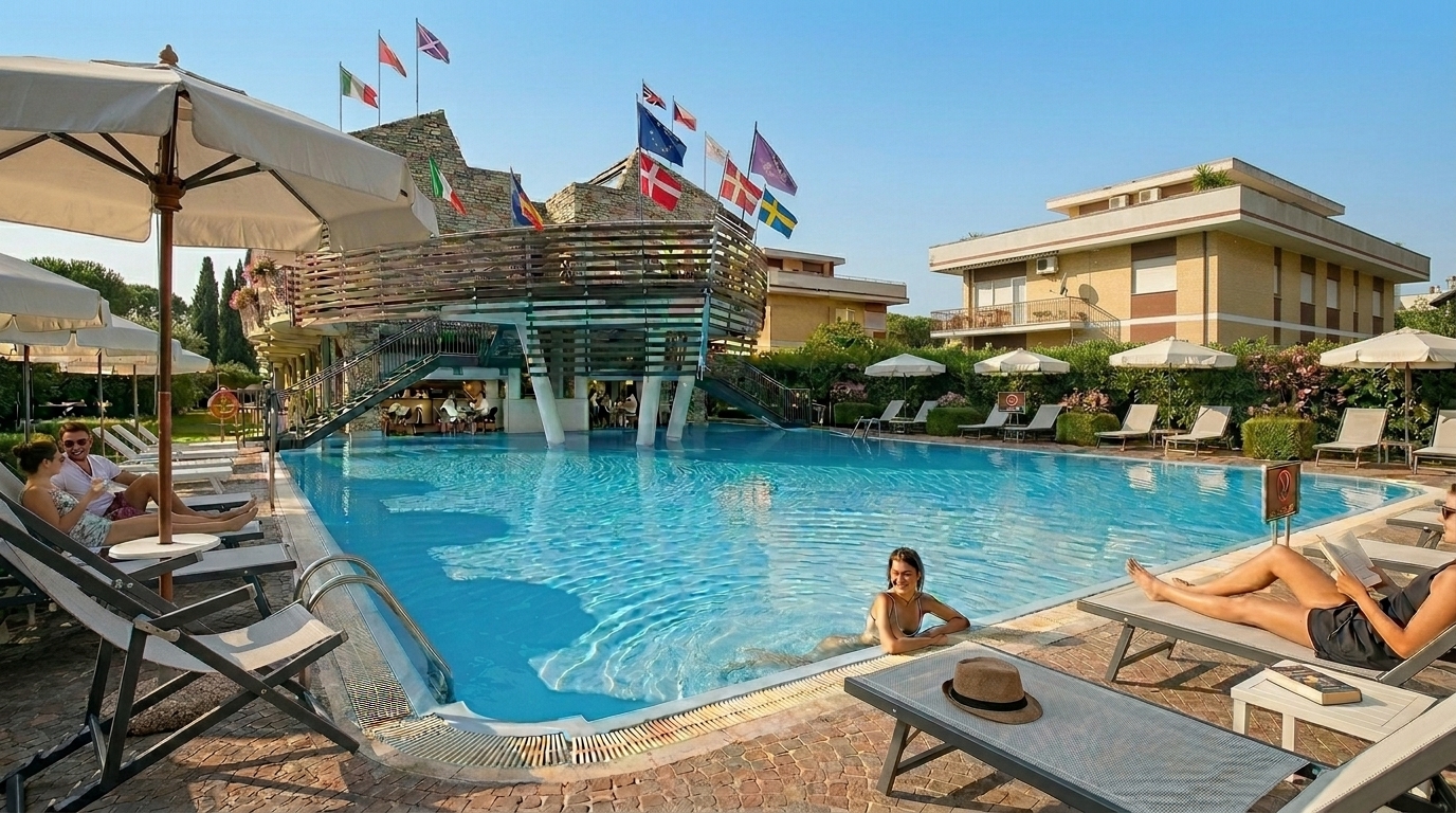 Wide view of the Hotel Poseidon pool area and ship architecture.