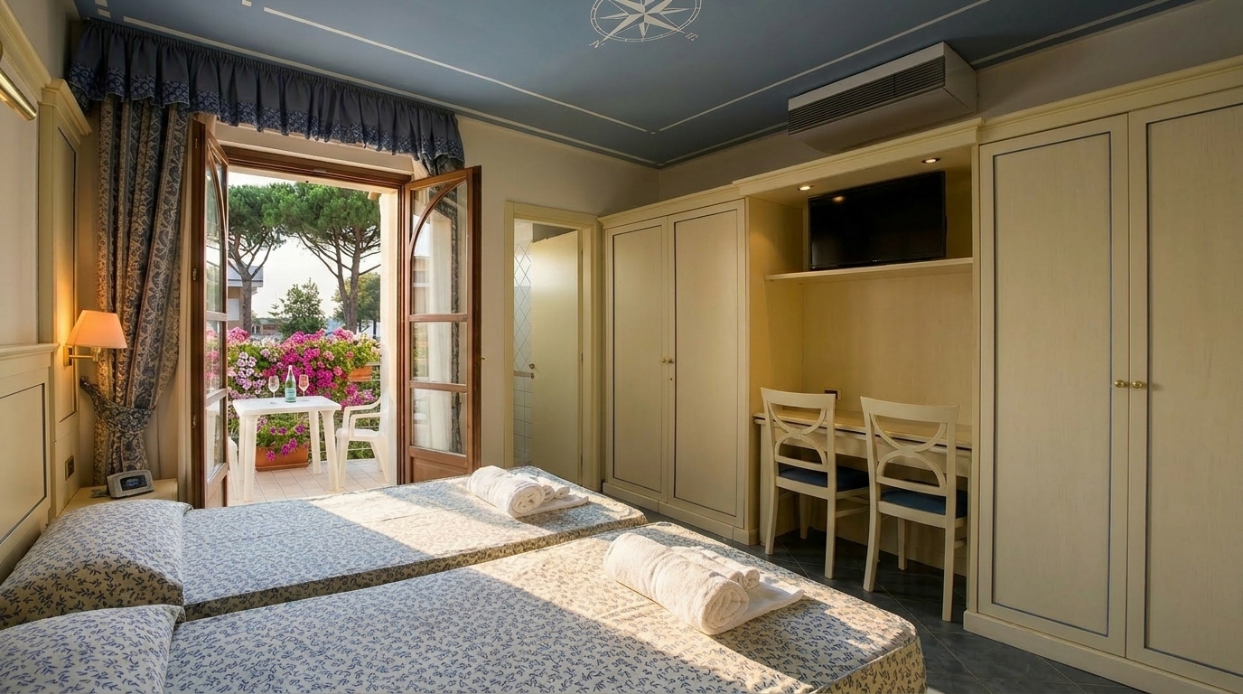 Guest room entrance with private balcony access.